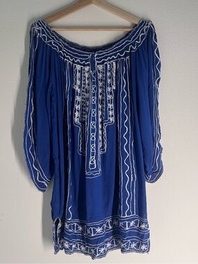 S.R. Fashion Blue Boho Embroidered Off Shoulder Tunic Dress XL